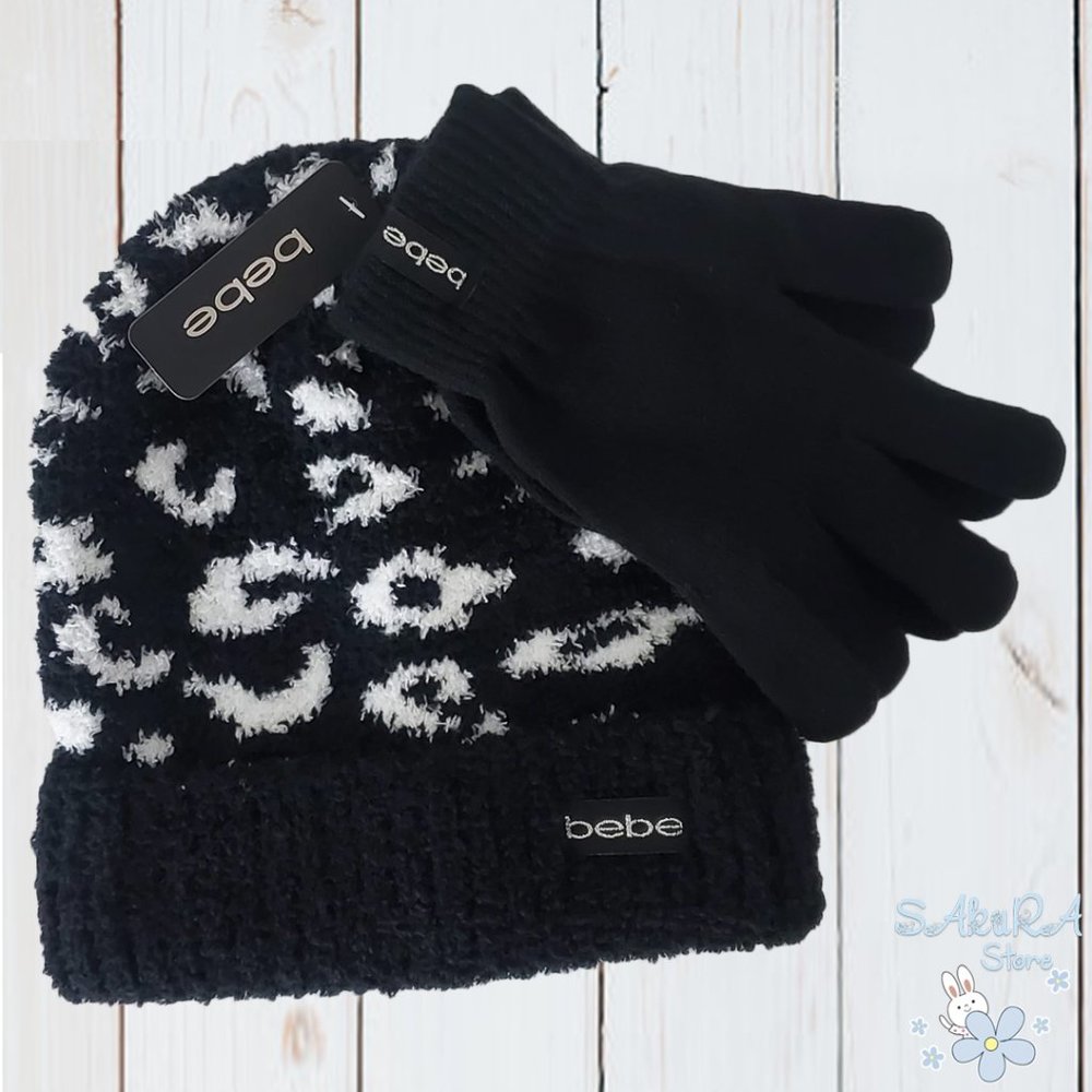 NWT BEBE AUTHENTIC WOMEN'S BLACK WHITE ANIMAL PRINT BEANIE HAT WITH GLOVES